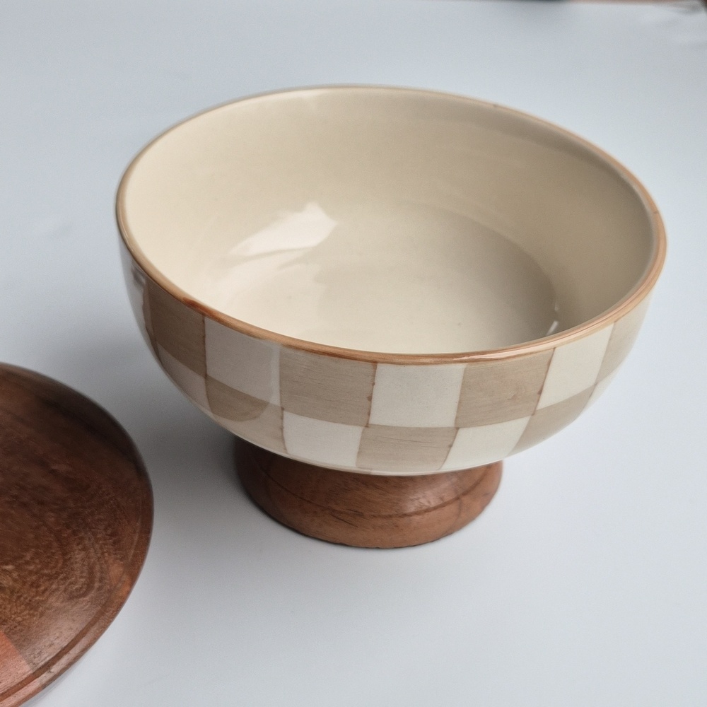 Mocha Checkered Stoneware Serving Bowl with Wooden with Lid - Picture 7 of 10